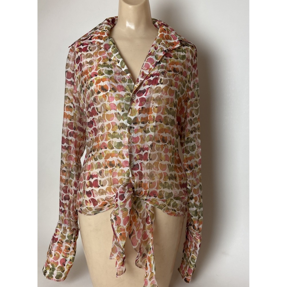 Farinaz Taghavi Womens 10 Collar Tie Front Button fron Shirt Colorful semi sheer